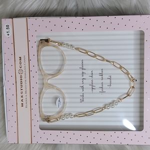 Reading Glasses +1.50  Chain Creme Pearls Gold Tone Career Brand New Stylish Fun